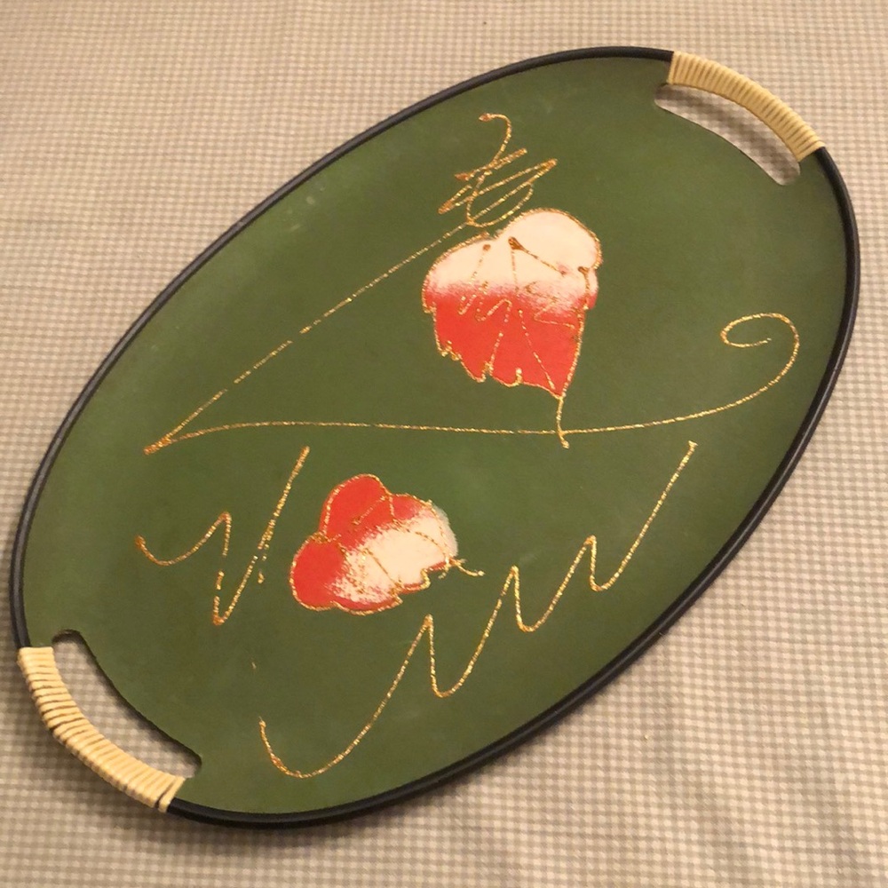 Vintage Serving Tray Fibre-ware TILSO Japan Green Red Ivory Gold Accents #OS022
